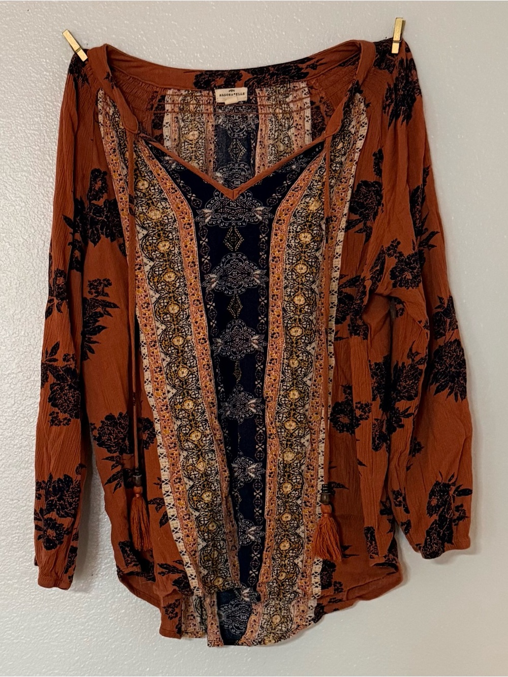 Mason & Belle M Rust Orange Boho Floral Print Tassel Peasant Blouse